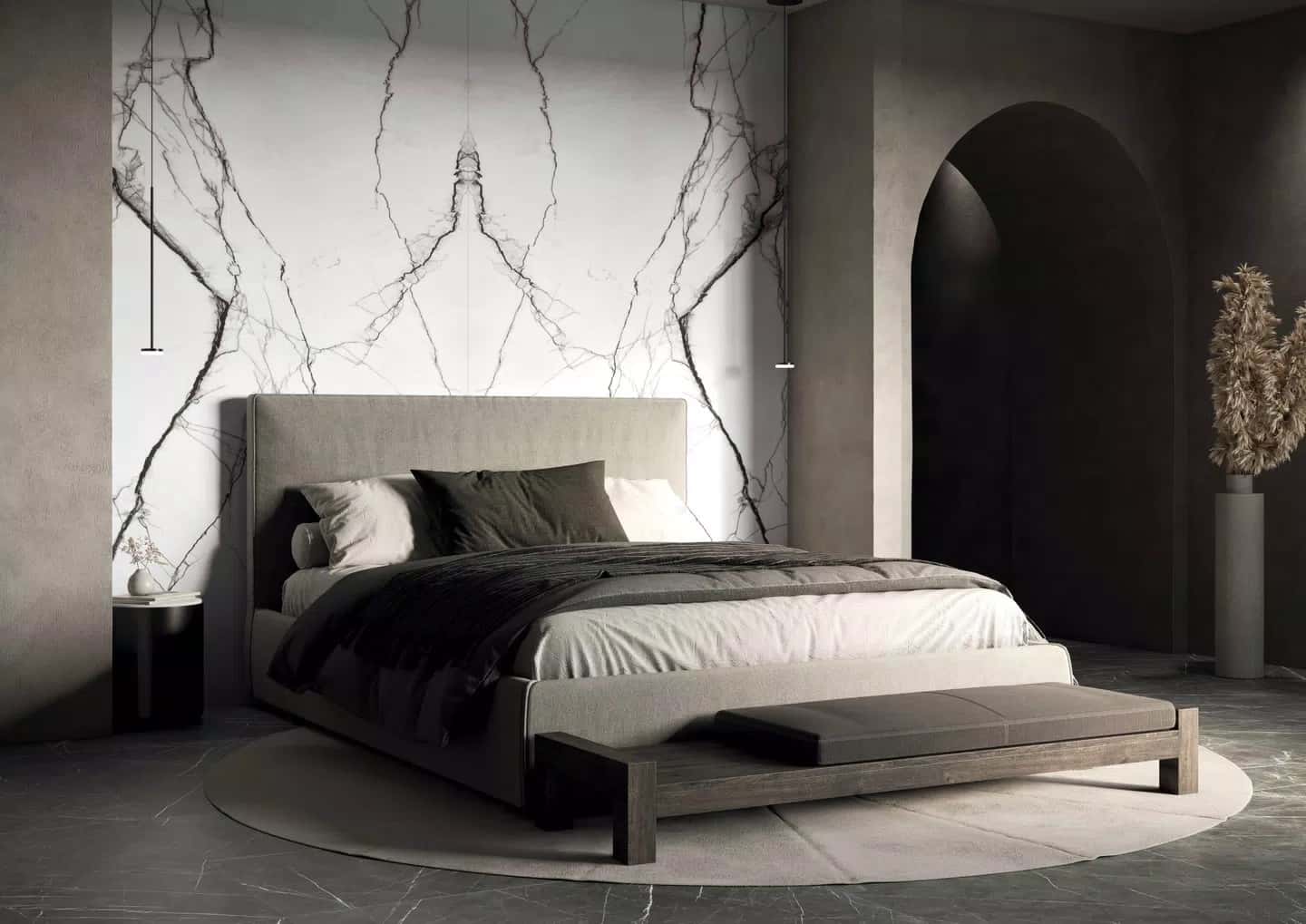 Quarto com painel de parede em pedra mármore da marca Florim, coleção Marble, na cor Marble breach